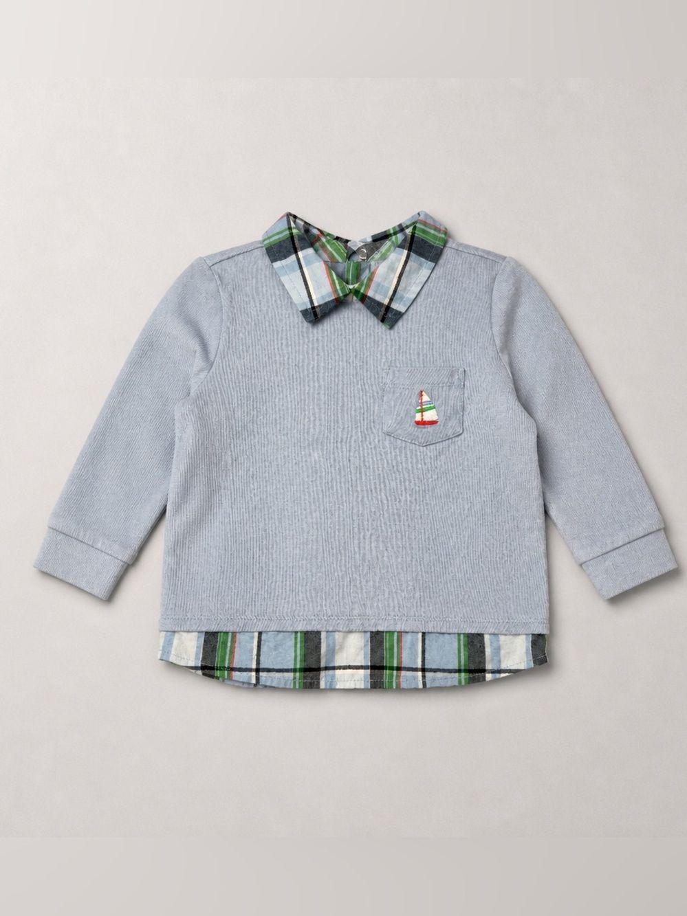 Crown & Ivy pale blue plaid collar and hem pocket long sleeve shirt with boat